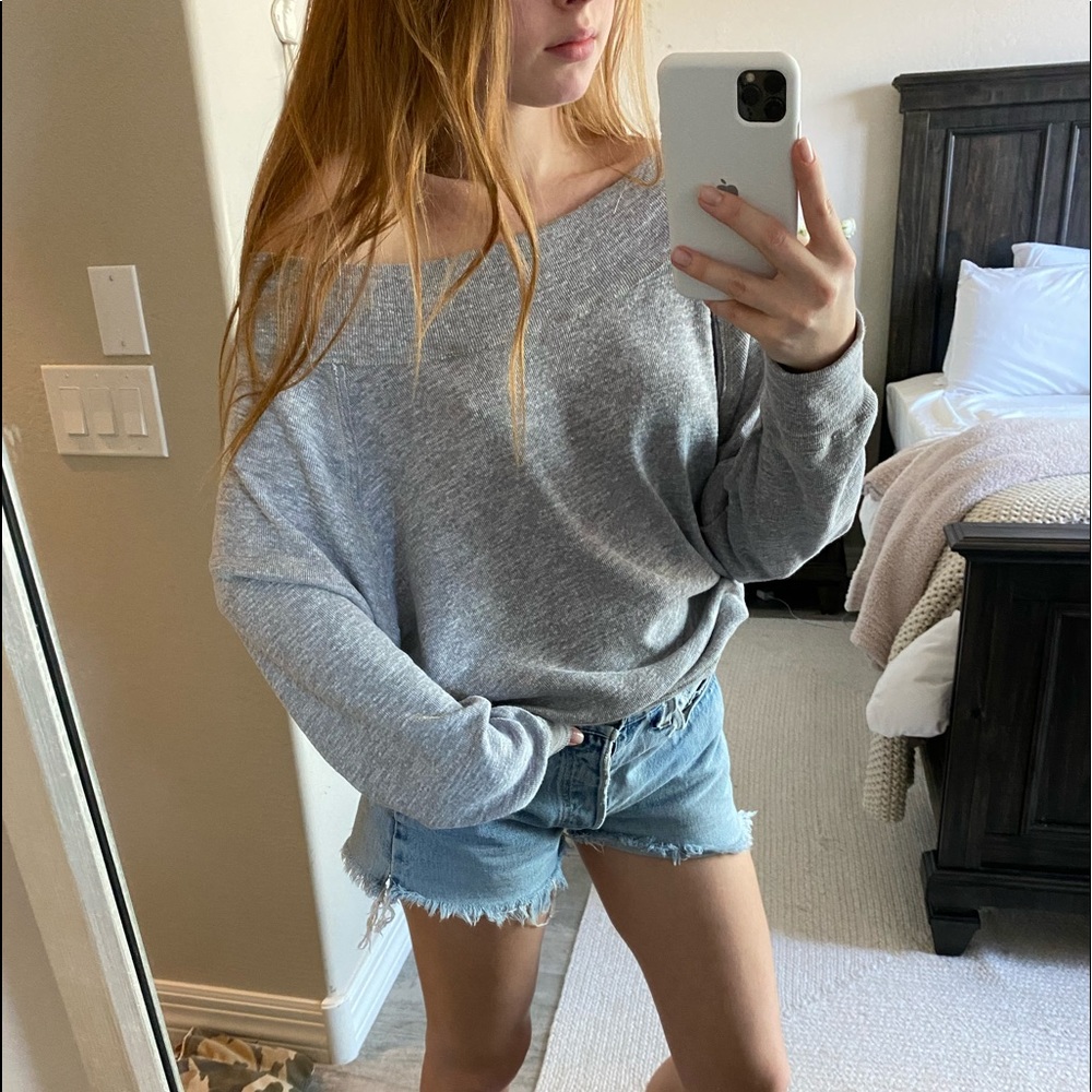 Free People Gray Off-Shoulder Long Sleeve Tee